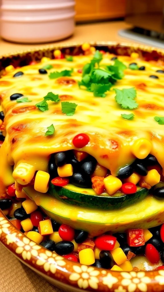 A baked Three Sisters Casserole with corn, black beans, zucchini, and cheese, garnished with cilantro.